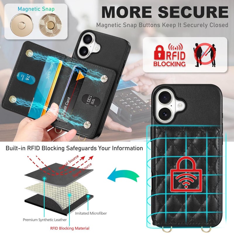 TUCCH Case for iPhone 16 (6.1") with Adjustable Strap, Magnetic Closure Folio Wallet Case with RFID Blocking [6 Card Holders] [Removable Crossbody Lanyard], Shockproof PU Leather Cover, Argyle Black - Image 5